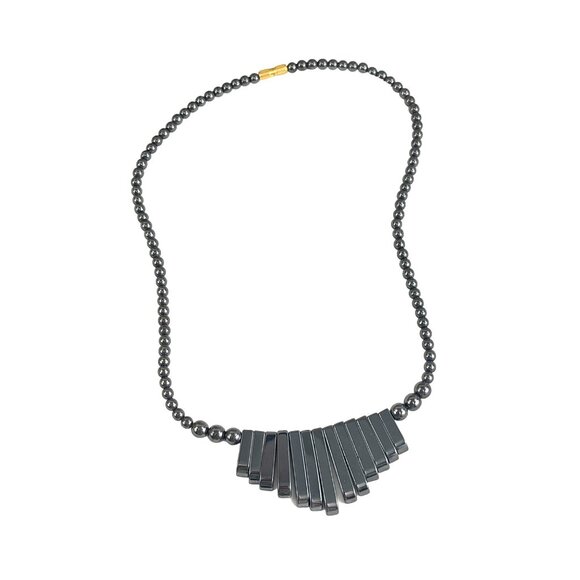 Hematite Beaded Necklace With Geometric Pendant Design - Picture 2 of 7